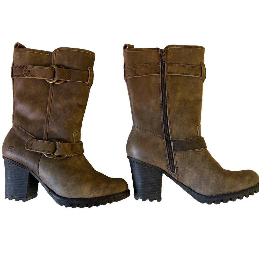 Skechers Moto Buckle Boots Womens Size 9 Brown Leather Mid Calf Y2K Engineer